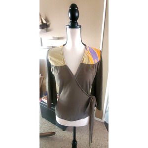 Zachary's Smile Olive Green 3/4 Sleeve Knit Peplum Wrap Top Sz XS